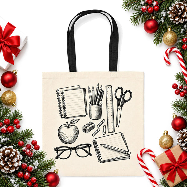 Teacher Tote Bag with Illustrated Classroom Essentials Print