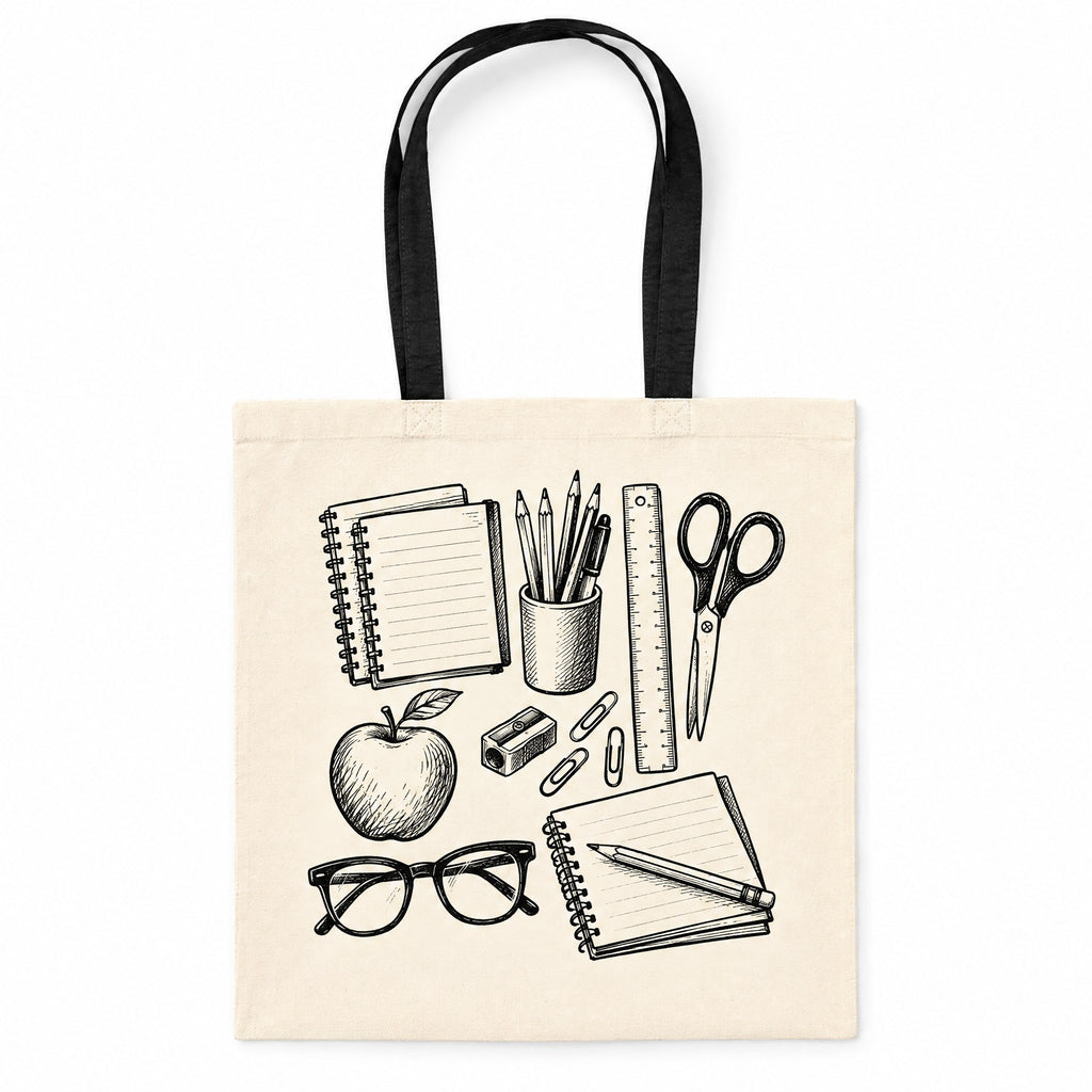 Teacher Tote Bag with Illustrated Classroom Essentials Print