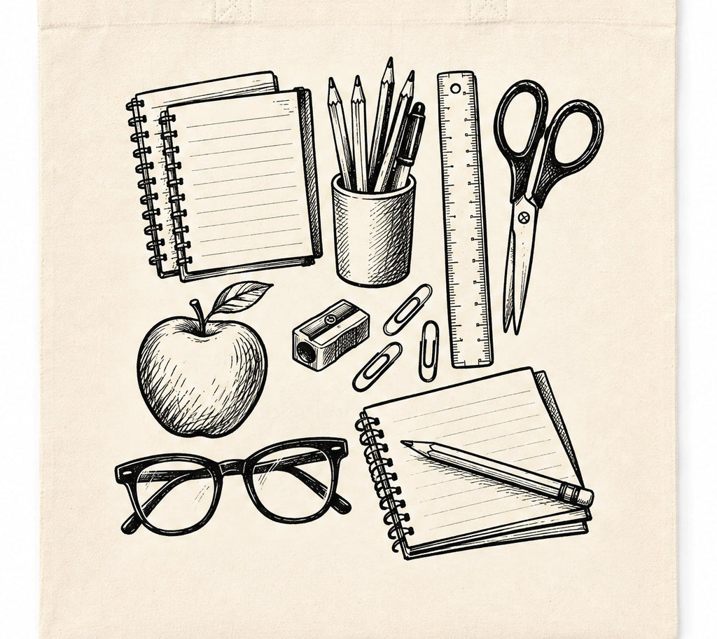 Teacher Tote Bag with Illustrated Classroom Essentials Print