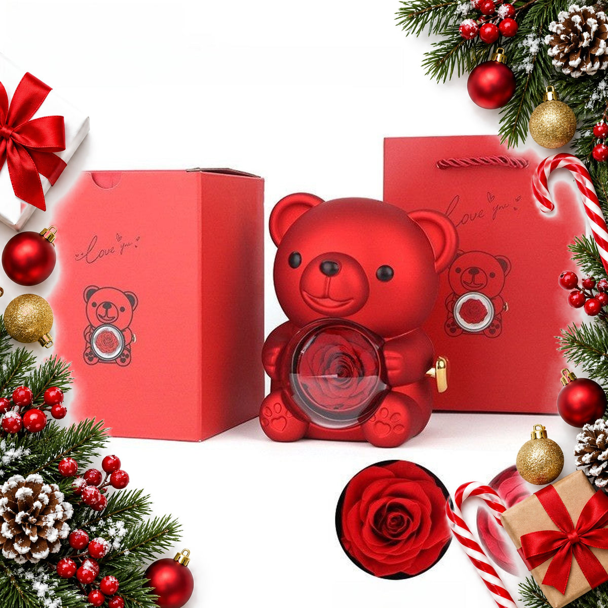 teddy bear preserved rose jewellery box with gift bag — Christmas stocking filler gift