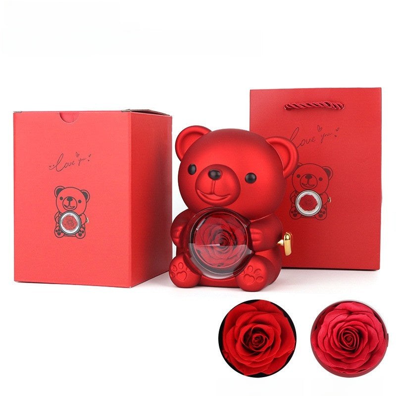 Teddy Bear Preserved Rose Jewellery Box with Gift Bag